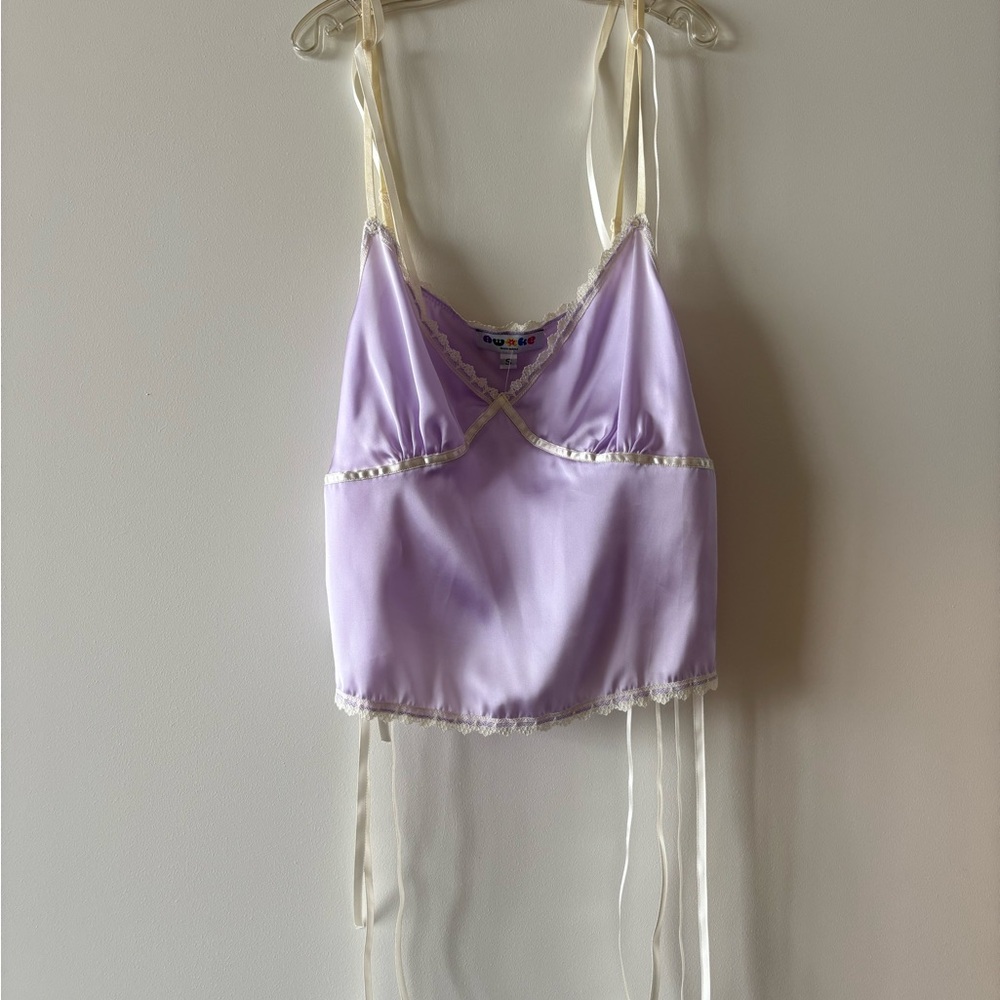 Lavender Satin Camisole with Lace Trim